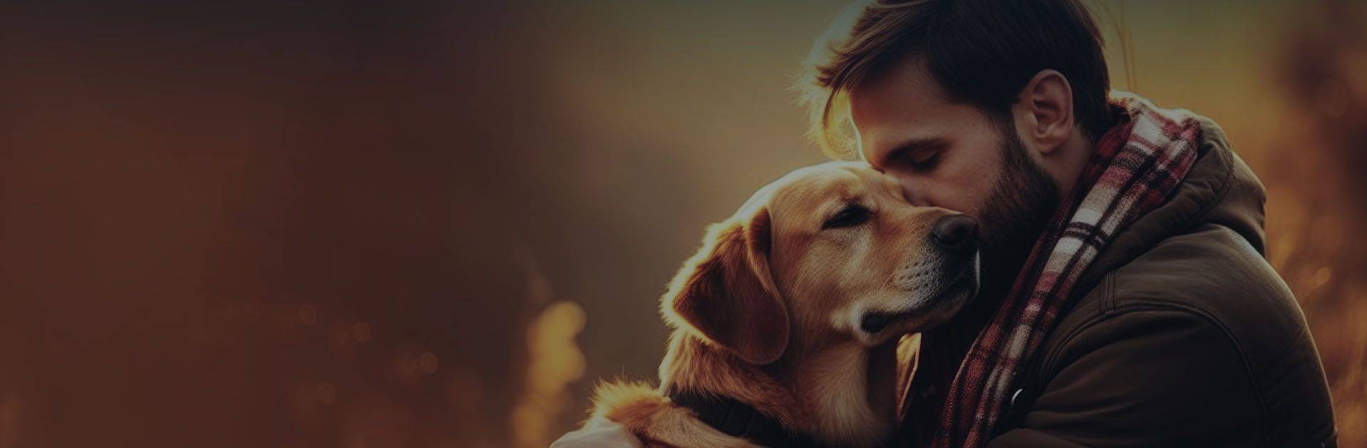 men hugging their old dog