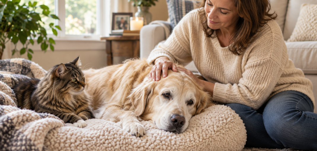 Woman gently comforting a senior Golden Retriever while a tabby cat rests nearby during a peaceful in-home end-of-life moment