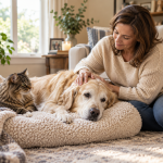 Woman gently comforting a senior Golden Retriever while a tabby cat rests nearby during a peaceful in-home end-of-life moment