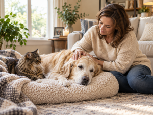 Woman gently comforting a senior Golden Retriever while a tabby cat rests nearby during a peaceful in-home end-of-life moment