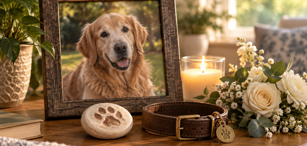 Peaceful pet memorial at home with a framed Golden Retriever photo, collar, paw-print keepsake, candle and flowers