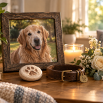 Peaceful pet memorial at home with a framed Golden Retriever photo, collar, paw-print keepsake, candle and flowers