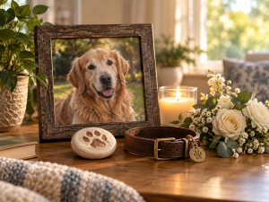 Peaceful pet memorial at home with a framed Golden Retriever photo, collar, paw-print keepsake, candle and flowers