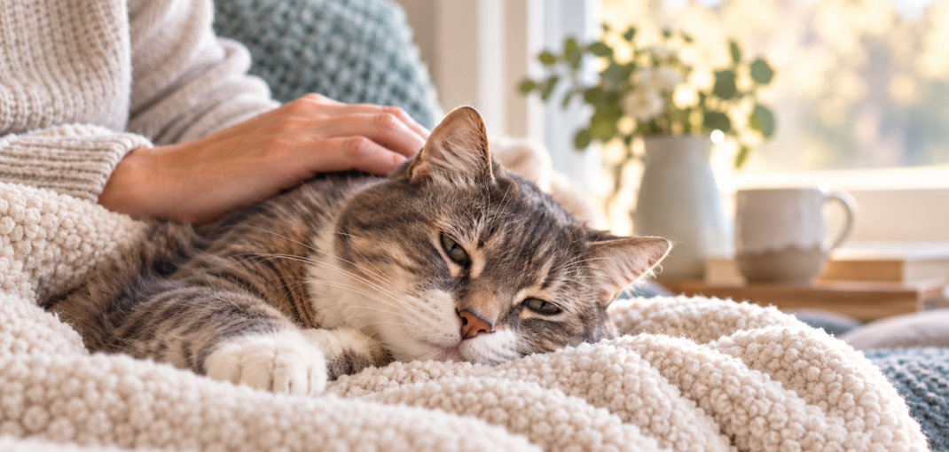Senior cat resting comfortably at home while being gently comforted by a loving owner