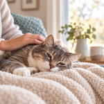 Senior cat resting comfortably at home while being gently comforted by a loving owner