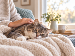 Senior cat resting comfortably at home while being gently comforted by a loving owner