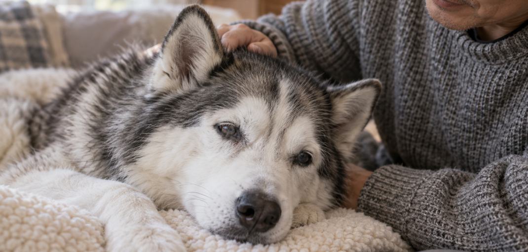 Older dog resting comfortably beside a caring family member in a warm home setting
