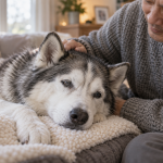 Older dog resting comfortably beside a caring family member in a warm home setting