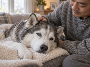 Older dog resting comfortably beside a caring family member in a warm home setting