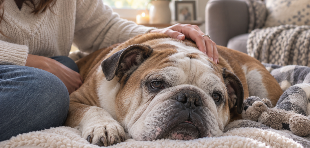 Senior English Bulldog resting comfortably at home while being gently comforted by a loving owner