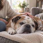 Senior English Bulldog resting comfortably at home while being gently comforted by a loving owner