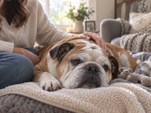 Senior English Bulldog resting comfortably at home while being gently comforted by a loving owner