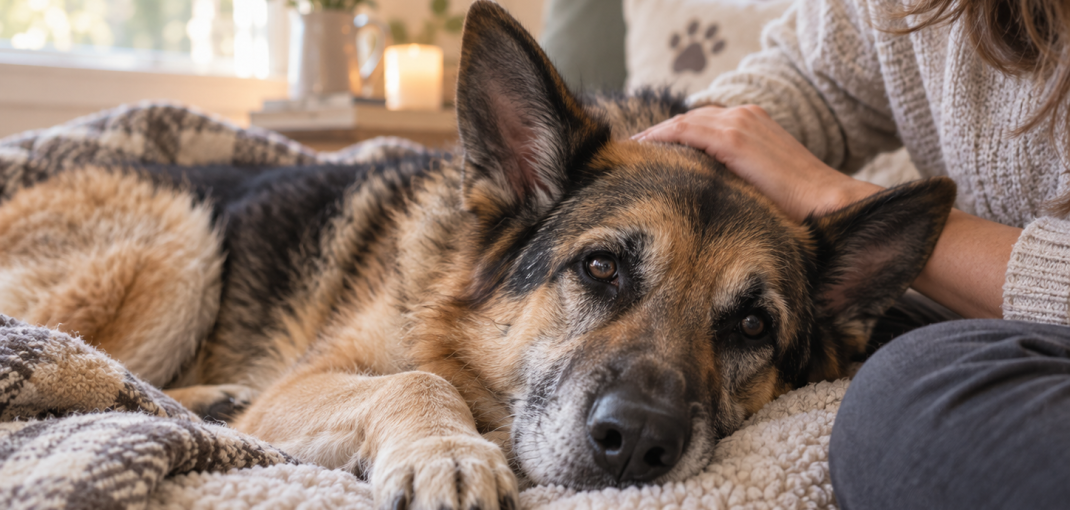 Senior German Shepherd resting peacefully at home while being gently comforted by a loving owner