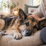 Senior German Shepherd resting peacefully at home while being gently comforted by a loving owner