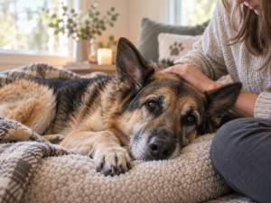Senior German Shepherd resting peacefully at home while being gently comforted by a loving owner