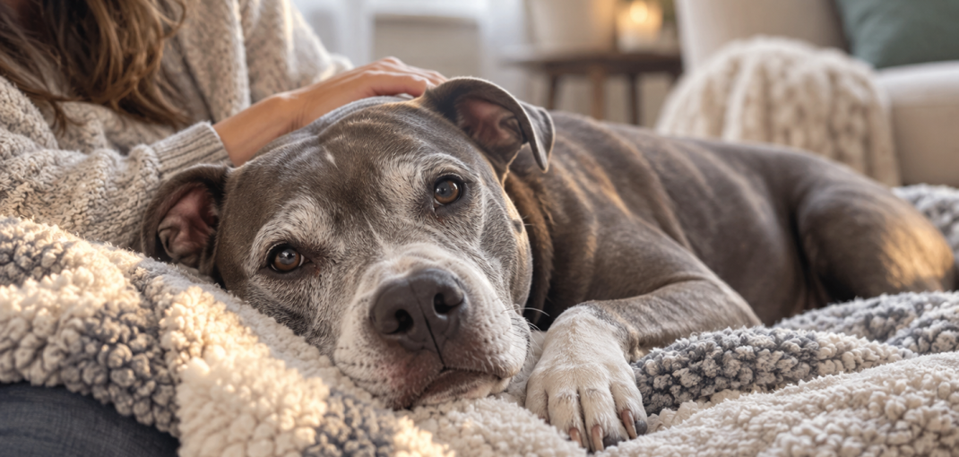 Senior pit bull resting peacefully on a soft bed at home while being gently comforted by a loving owner