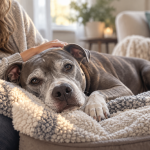 Senior pit bull resting peacefully on a soft bed at home while being gently comforted by a loving owner