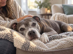 Senior pit bull resting peacefully on a soft bed at home while being gently comforted by a loving owner