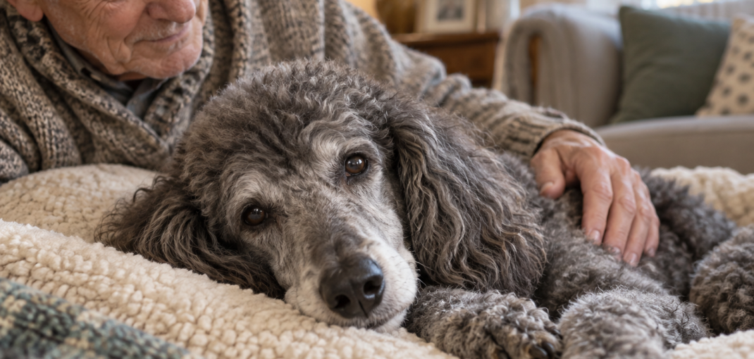 Senior standard poodle resting comfortably on a plush blanket at home while an older man gently comforts the dog