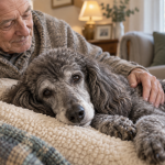 Senior standard poodle resting comfortably on a plush blanket at home while an older man gently comforts the dog