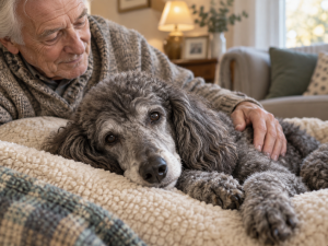 Senior standard poodle resting comfortably on a plush blanket at home while an older man gently comforts the dog