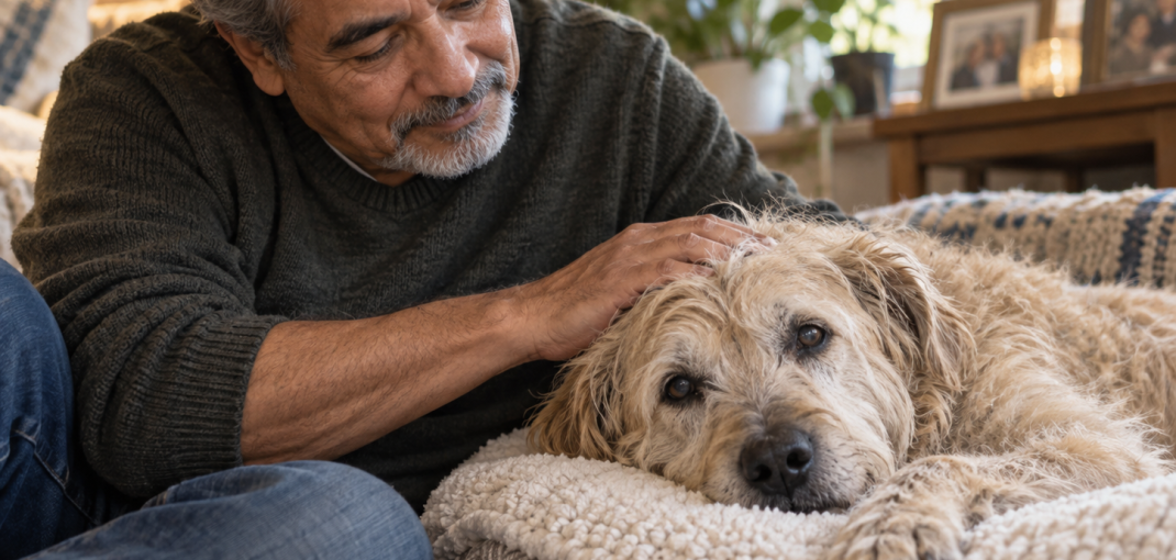 Senior wheaten terrier resting on a soft bed at home while an older man gently comforts the dog