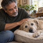 Senior wheaten terrier resting on a soft bed at home while an older man gently comforts the dog