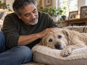 Senior wheaten terrier resting on a soft bed at home while an older man gently comforts the dog