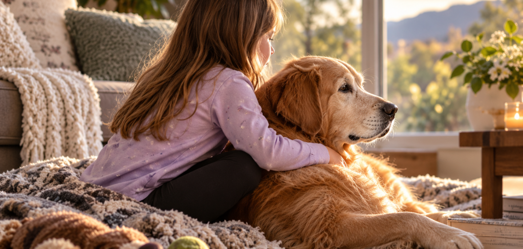 Young child gently comforting a senior Golden Retriever at home during a quiet end-of-life moment