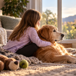 Young child gently comforting a senior Golden Retriever at home during a quiet end-of-life moment