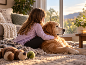 Young child gently comforting a senior Golden Retriever at home during a quiet end-of-life moment